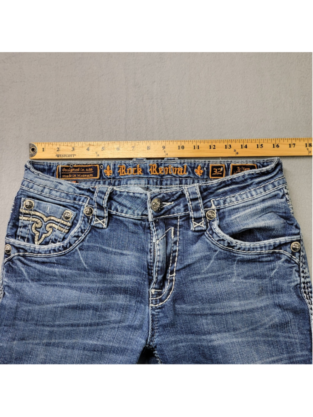 Rock Revival Triton Slim Straight Jeans Mens 32x30 Blue Embroidered Fleur De Lis - Picture 7 of 14
